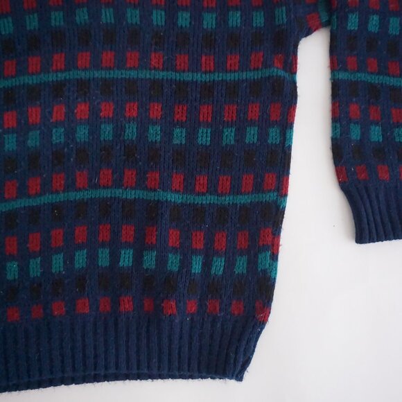 Vintage Scandia Navy Teal Red Wool Patterned Crewneck Sweater Retro Eclectic M - Picture 6 of 9